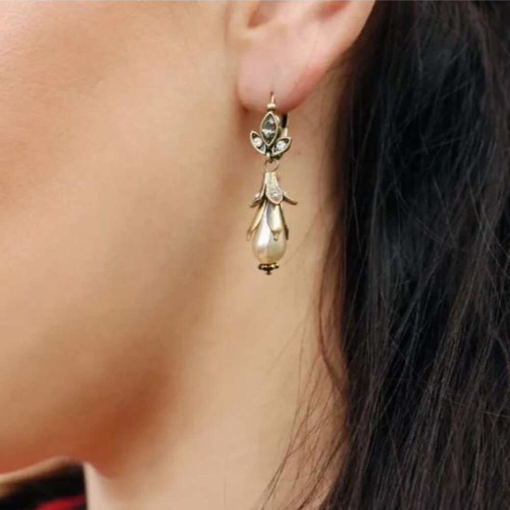 NEW Art Nouveau Antique Gold Pearl Drop Earrings - Picture 2 of 4